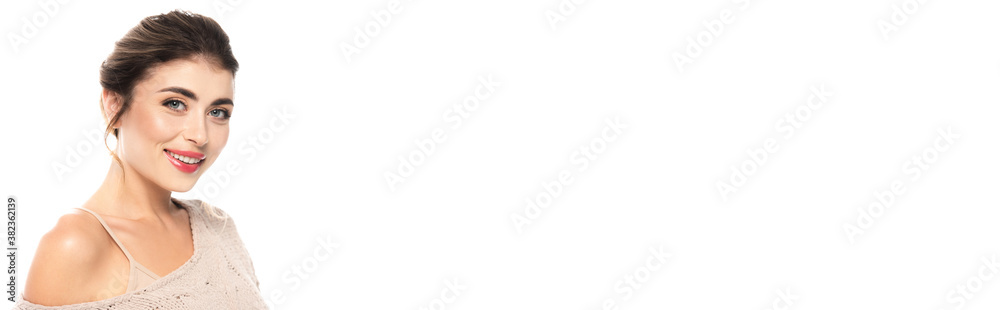 horizontal concept of sensual woman in knitted sweater looking at camera isolated on white
