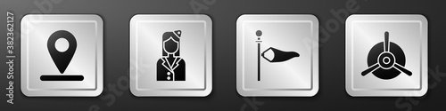 Set Location, Stewardess, Cone meteorology windsock wind vane and Plane propeller icon. Silver square button. Vector.