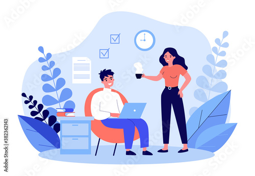 Freelancer with laptop working at home. Woman giving cup of hot drink to man flat vector illustration. Freelance, couple, relationship concept for banner, website design or landing web page
