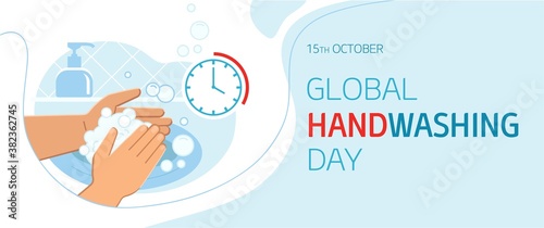 Global handwashing day - October 15th - horizontal banner template. Person washing hands in sink carefully with soap foam from dispenser for 20-30 seconds to prevent infections including coronavirus