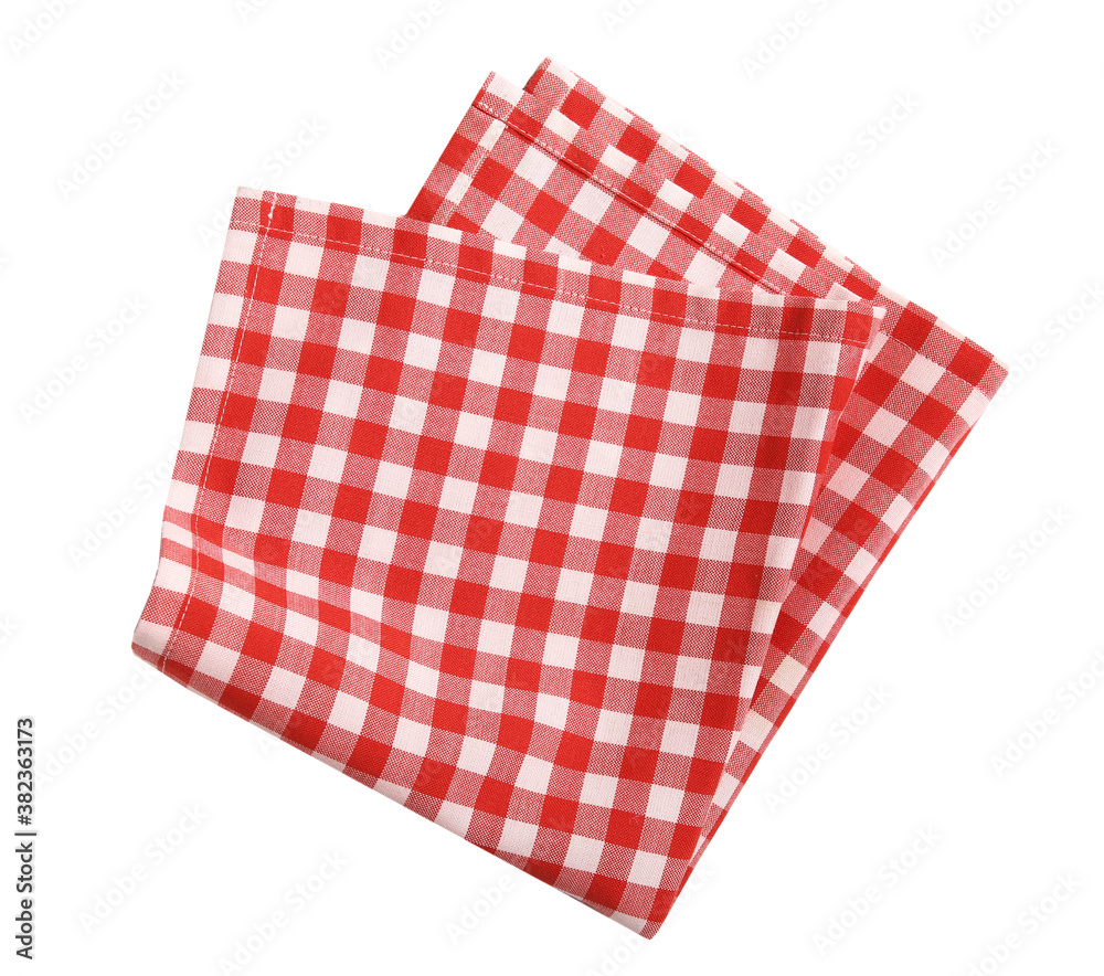 Red picnic checkered folded towel isolated on white.Food decoration element. Red picnic checkered folded towel isolated on white.Food decoration element.