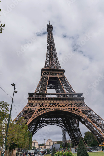 Eiffel Tower in Paris from above in cloudy day