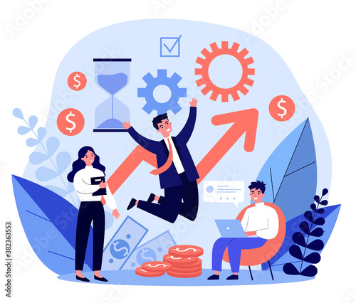 Happy businessman and his team celebrating success. Man in suit jumping high, money, growth chart flat vector illustration. Profit, achievement concept for banner, website design or landing web page