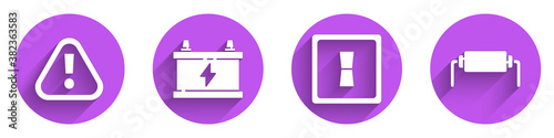Set Exclamation mark in triangle, Car battery, Electric light switch and Resistor electricity icon with long shadow. Vector.