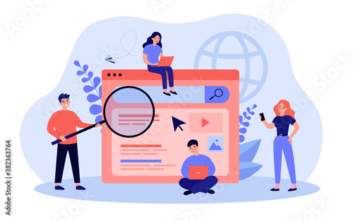 Search engine answering users questions. People using laptops and phones for online query. Flat vector illustration for advertising, SEO work, website promotion concept © Bro Vector
