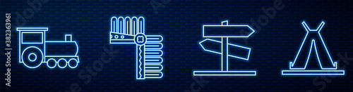 Set line Road traffic signpost, Retro train, Indian headdress with feathers, Indian teepee or wigwam and Wild west covered wagon. Glowing neon icon on brick wall. Vector.