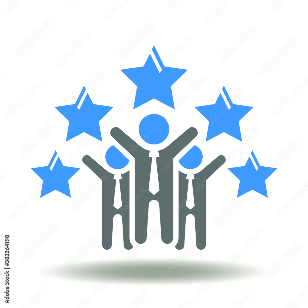 People group with hands up and five stars icon vector. Customer Feedback Sign. Rating, Assessment Symbol. Client Satisfaction Logo. People group with hands up and five stars icon vector. Customer Feedback Sign. Rating, Assessment Symbol. Client Satisfaction Logo.