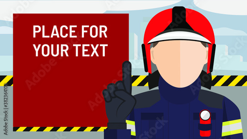 Flat Style Vector Illustration Concept. Fireman or Firefighter in red helmet standing and poining finger at large warning sign or board with text. 