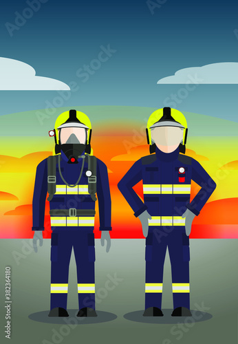Two firemen or firefighters in full gear standing in front of red setting sun in the dark evening. Flat style cartoon illustration.