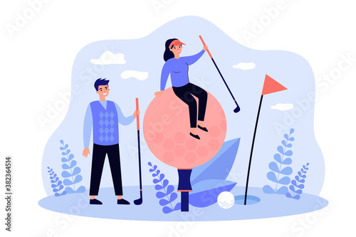Tiny golf players with brassies and ball having fun on lawn. Champions enjoying game. Flat vector illustration for hobby, championship, activity, competition, recreation concept