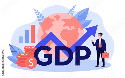 Happy businessman presenting gdp growth. Man in suit with growth chart, cash and globe. Vector illustration for gross domestic product rate, global economy, national budget, inflation concepts photo