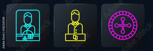 Set line Casino dealer, Casino roulette wheel and Casino dealer. Black square button. Vector.