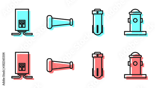 Set line Water filter, Gas boiler with a burning fire, Industry metallic pipe and Fire hydrant icon. Vector.