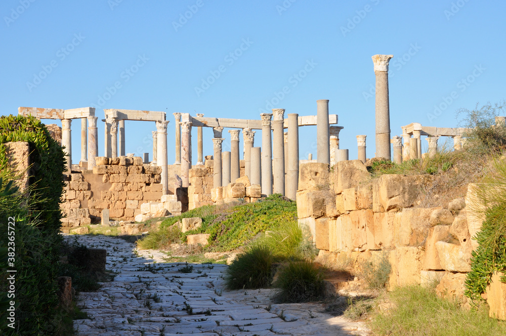 An ancient street in Leptis Magna at Khoms, Libya.