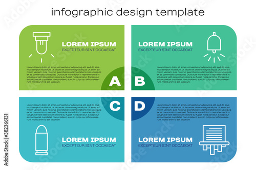 Set line Bullet, Motion sensor, Paper shredder and Ringing alarm bell. Business infographic template. Vector.