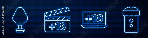 Set line Laptop with 18 plus content, Anal plug, Movie clapper with 18 plus content and Vagina masturbator. Glowing neon icon on brick wall. Vector.