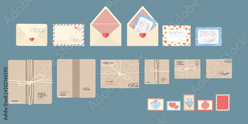 Parcels, envelope and postage stamps, Postal service icons pack collection. Top view, vector illustrations isolated on brown background. Flat cartoon style. Set of postal packs and letters.