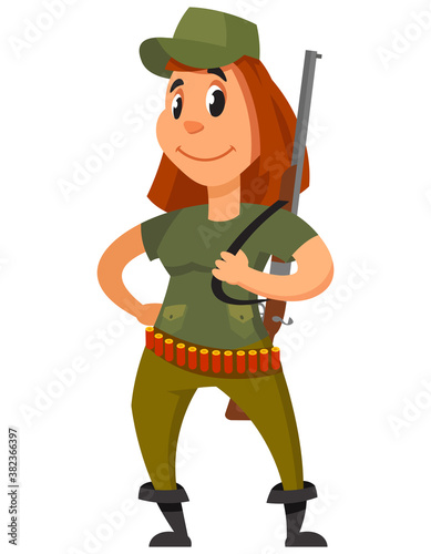 Hunter holding rifle on her shoulder. Female character in cartoon style.