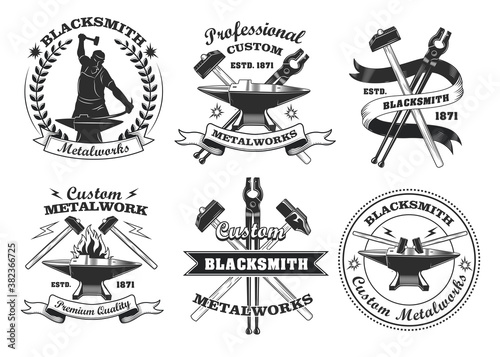 Blacksmith labels set. Monochrome emblems templates with text and tools, vintage badges with crossed hammers, smith and anvil. Vector illustrations collection for craft, ironwork, metalwork concept © Bro Vector