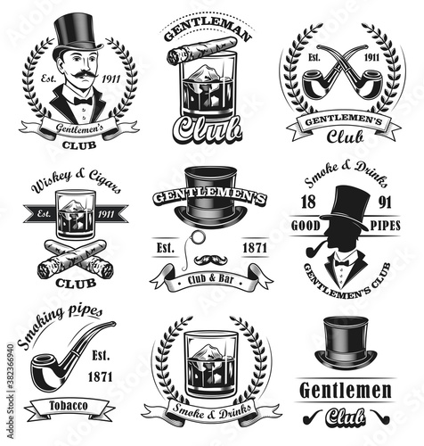 Gentlemen club emblems set. Monochrome badges templates with sirs in top hats, cigars and whiskey. Vector illustrations with text in vintage style for bar or pub emblem design