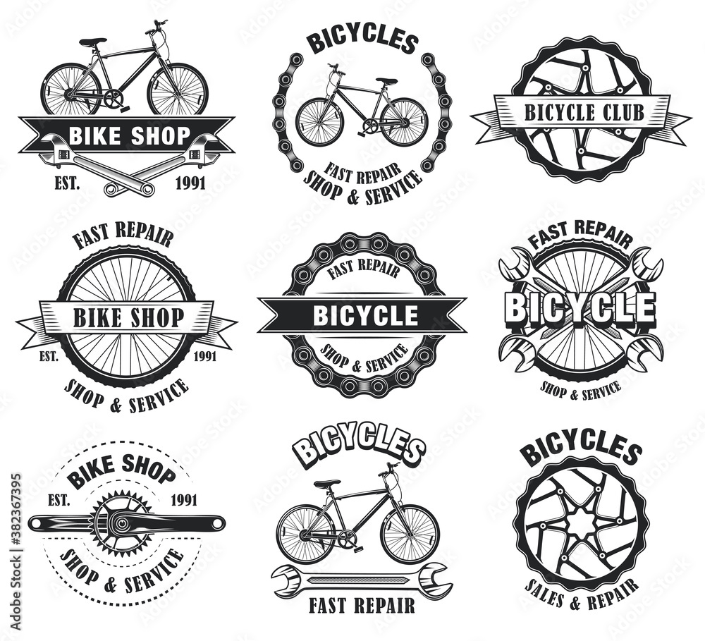 Vetor de Bike shop emblems set. Monochrome labels templates with