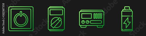 Set line Electrical measuring instruments, Electric light switch, Multimeter and Battery. Gradient color icons. Vector.