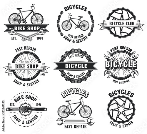 Bike shop emblems set. Monochrome labels templates with bicycles, wheels and wrenches. Vector illustrations collection with text for bike repair service concept
