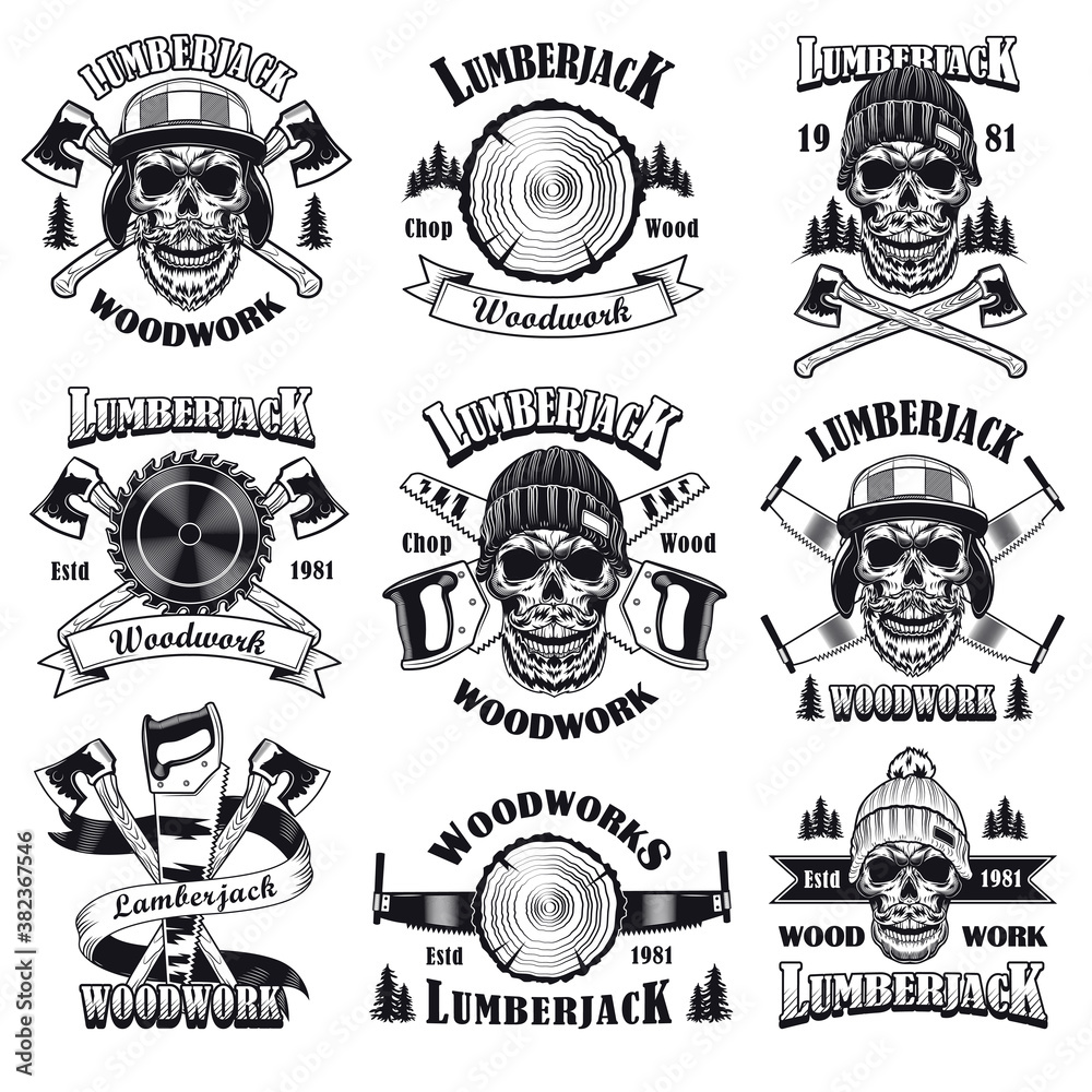 Lumberjack emblems set. Monochrome badges, skulls with beards, crossed ...