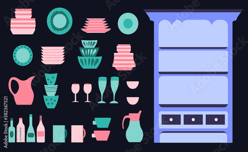 Vintage sideboard dishware collection, kitchen utensils for cooking on the dark background.