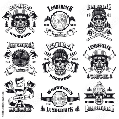 Lumberjack emblems set. Monochrome badges, skulls with beards, crossed saws and axes, woodwork text, labels in vintage hipster style. For lumber, forest concept, tattoo template