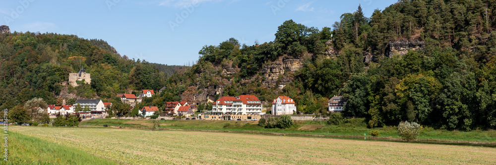 Panoramic view of Elbe river sides in Elbe Sandstone mountains, resort Rathen. Saxon Switzerland. Germany