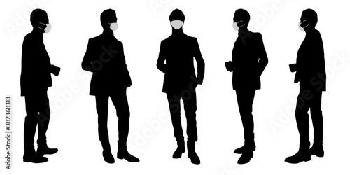 Vector concept conceptual  silhouette men talking while social distancing as means of prevention and protection against coronavirus contamination. A metaphor for the new normal.