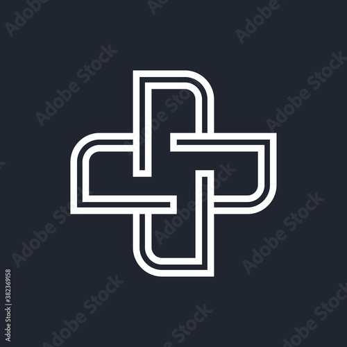 Complex Geometric Contemporary Element. Icon Template for Business Corporate Sign. Abstract Merged Figures for Infographics on Black Backdrop