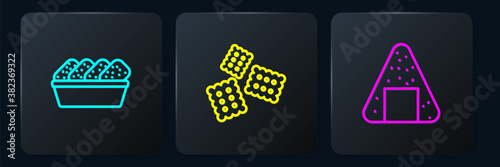 Set line Chicken nuggets in box, Onigiri and Cracker biscuit. Black square button. Vector.