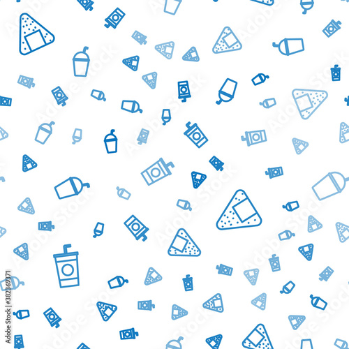 Set line Paper glass with straw, Onigiri and Milkshake on seamless pattern. Vector.