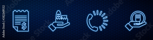 Set line Food ordering, Paper financial check, Online and delivery and . Glowing neon icon on brick wall. Vector.