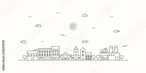 Suburban landscape with a thin line style. Cityscape flat line design. Vector illustration.