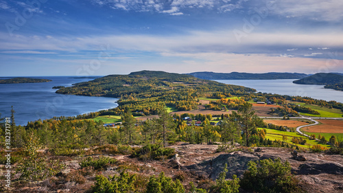Beautiful views of forest mountains and sea on a sunny autumn day