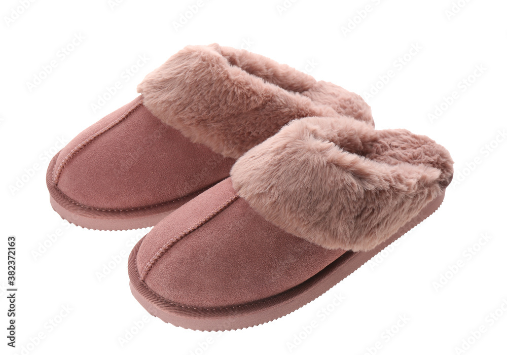 Pair of stylish soft slippers on white background Pair of stylish soft slippers on white background