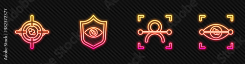 Set line Face recognition, Eye scan, Shield eye and . Glowing neon icon. Vector.
