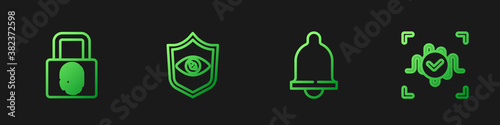 Set line Motion sensor, Fingerprint with lock, Shield eye scan and Voice recognition. Gradient color icons. Vector.