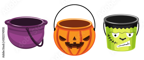 Illustration vector isolated bucket candy or popcorn collection set on happy halloween day costume for kids party on white background