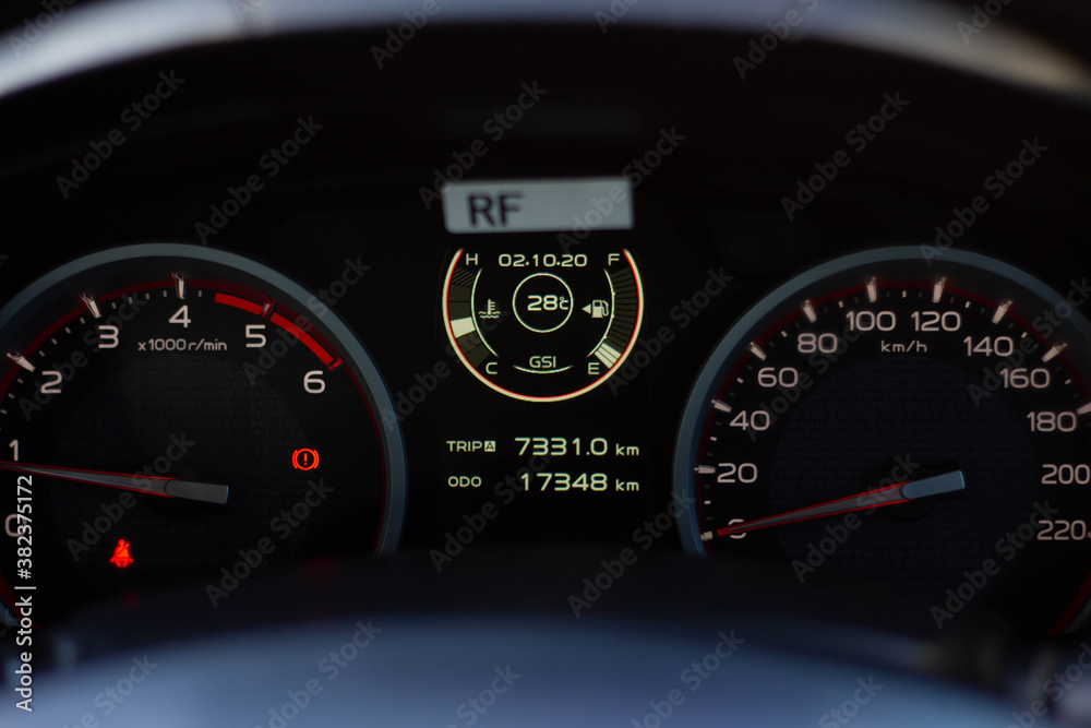 car​ instrument panel, car​ speen  motor of​ night, car​ dashboard​ modern​ automobile control​illuminated  panel​ speed display.