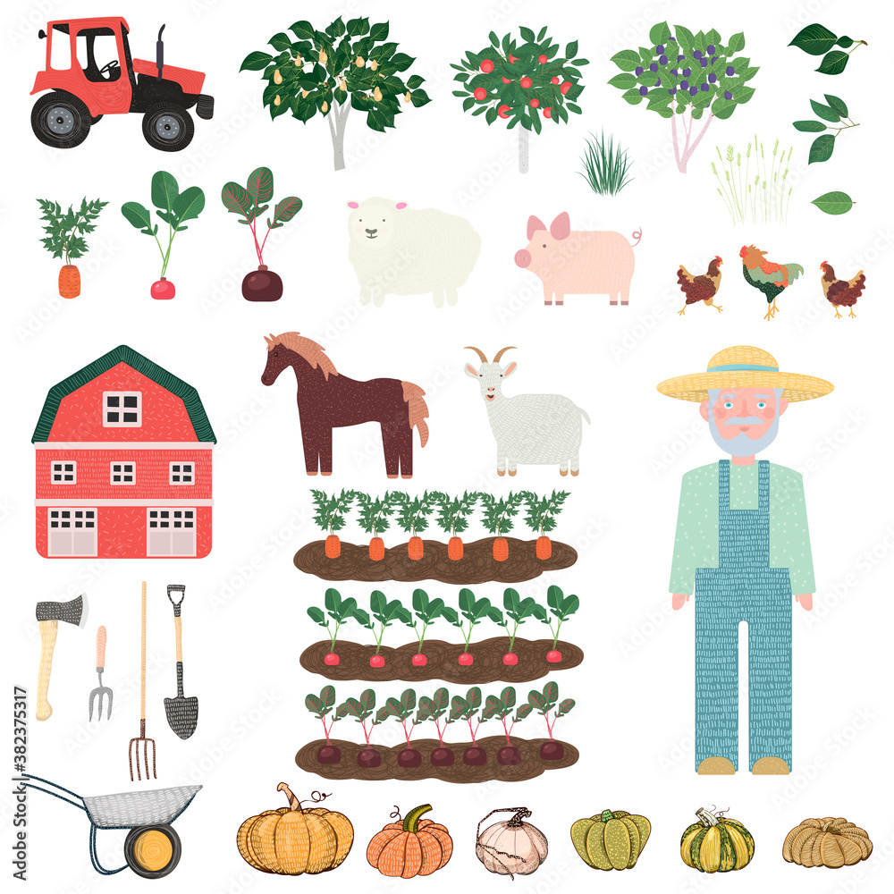 Farming flat vector illustrations set. Agriculture and livestock ...