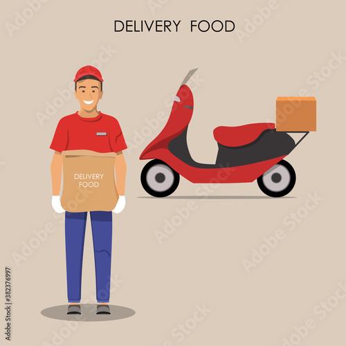 Delivery of goods. Courier in gloves with box in hands. Man with delivery motorbike in the background.