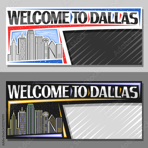 Vector layouts for Dallas with copyspace, decorative voucher with illustration of famous dallas city scape on day and evening sky background, art design tourist coupon with words welcome to dallas.