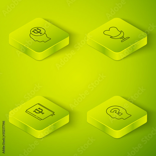Set Isometric Armchair, Psychology book, Psi, Head with question mark and Psychology, icon. Vector.