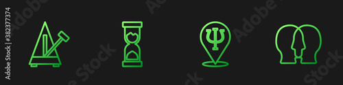 Set line Psychology, Psi, Metronome with pendulum, Old hourglass and Bipolar disorder. Gradient color icons. Vector.