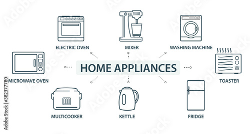Vector illustration of a group, a set of icons, miniature infographics in one style, toaster, home appliances, refrigerator, washing machine, multicooker, Web icons. Mixer, electric oven.