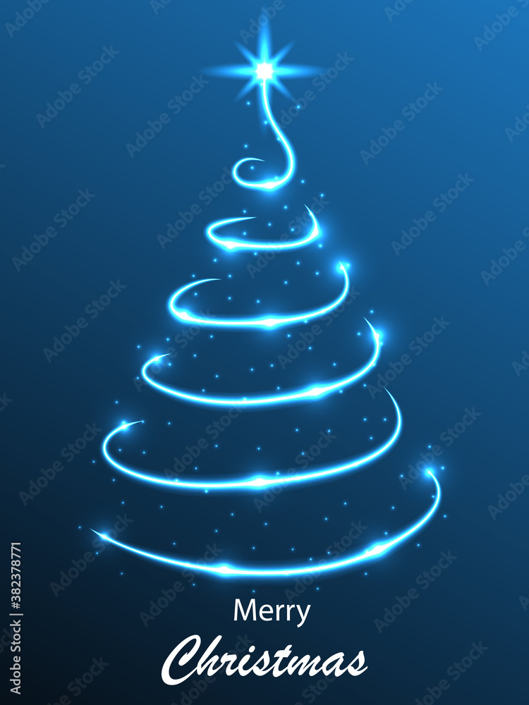 Abstract christmas tree made of bright spiral light, vector art illustration.